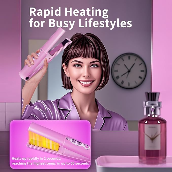 Travel Small Hair Straightener and Curler 2 in 1 for Short Hair, Cordless Titanium Flat Iron, Portable, USB-C Rechargeable, Fast Heating, Dual Voltage, 5000mAh Battery, 3 Temp Settings (Shocking Pink)