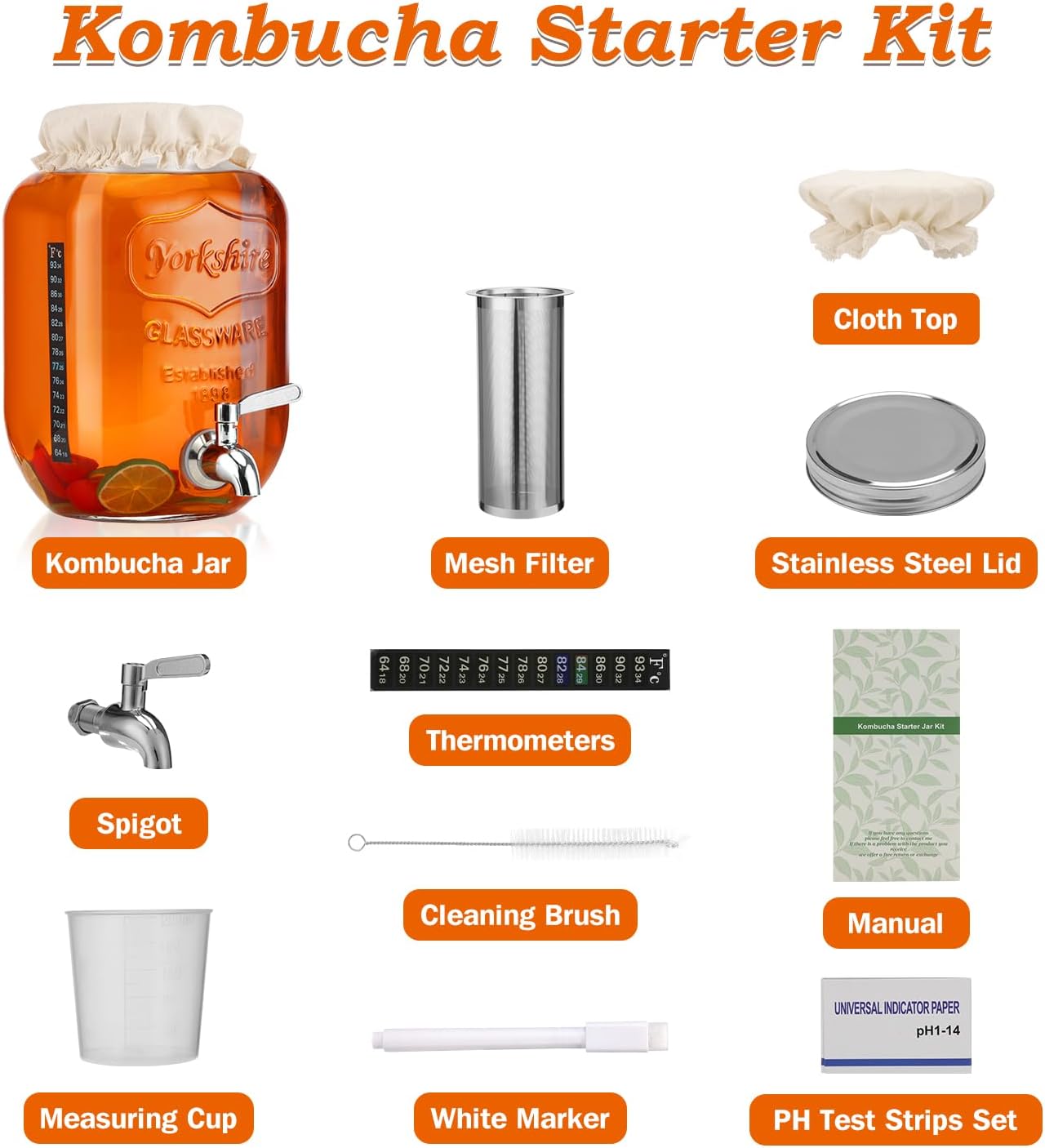 1 Gallon Kombucha Starter Kit, Glass Kombucha Jar with Spigot and Stainless Steel Mesh Filter Fermentation Kit for Home Brewed Kombucha Bottles, Includes Test Strips, Measuring Cups, Cloth Top