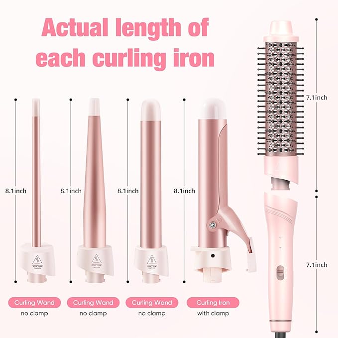 ANIEKIN 5 in 1 Curling Iron Set, Fast Heat Up Curling Wand from 3/8 to 1 1/4 Inch and a Thermal Brush Come with, Dual Voltage Hair Curler for Women All Hair Types and Travel Use, Gifts for Women,Pink