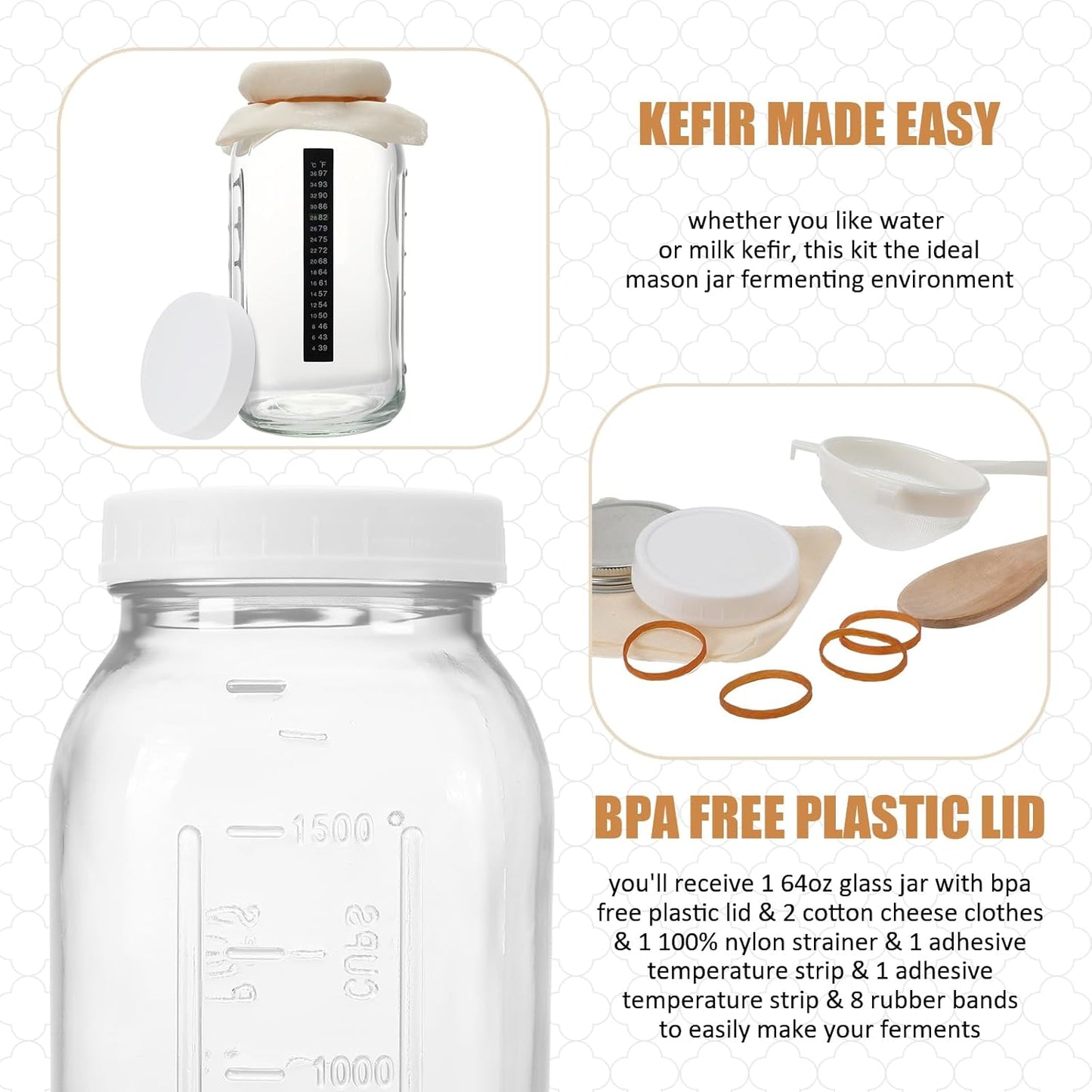 Honeydak 8 Pcs Complete Kefir Starter Kit Kombucha Fermenter Kit Half Gallon 64oz Mason Jar Wide Mouth with Plastic Storage Lid Nylon Mesh Strainer Cotton Cloth Cover and Wood Spoon