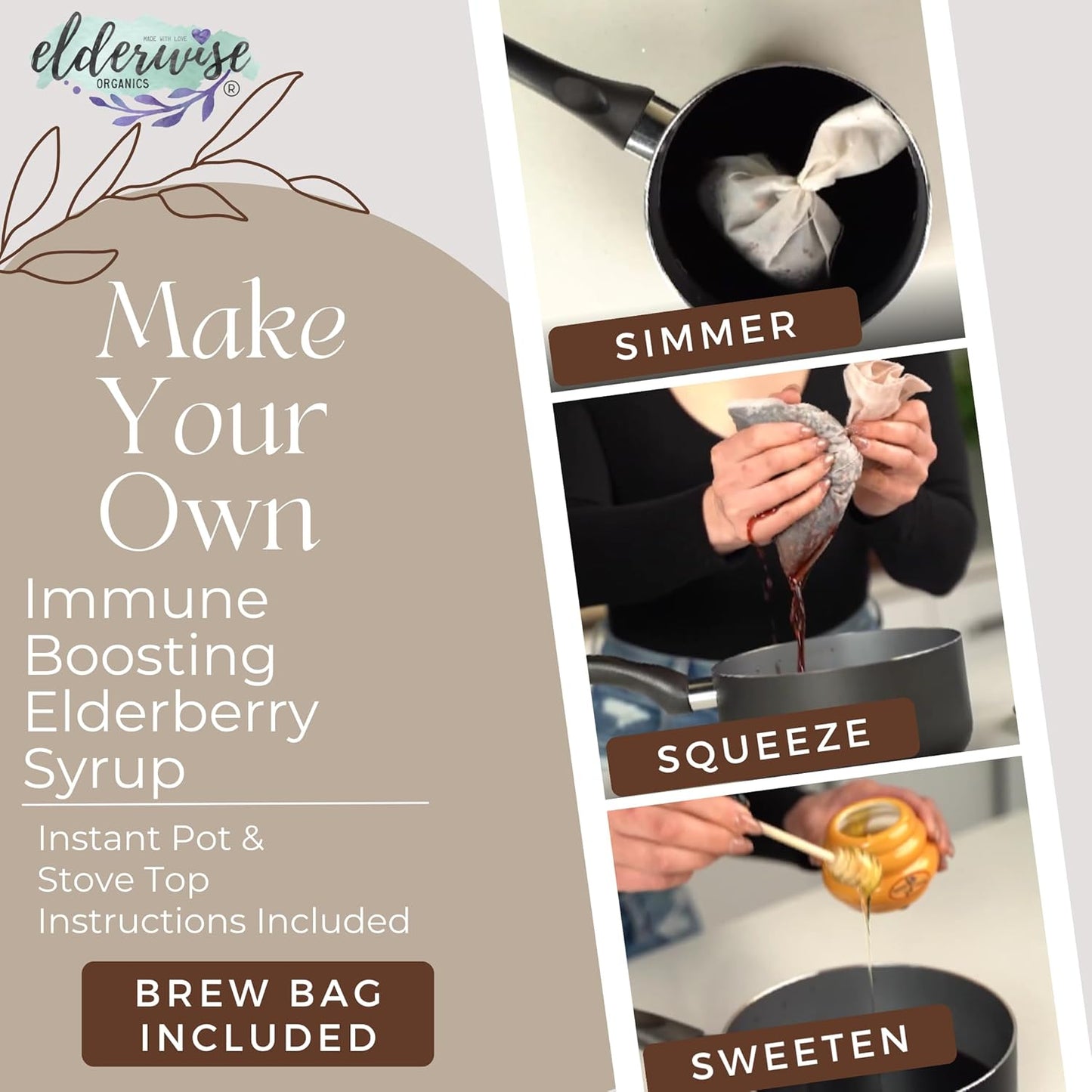 Elderwise Organic Elderberry Syrup Kit - Easy to Use, DIY Elderberry Syrup Making Kit with Elderberries ,Rosehips, Ginger, Echinacea, Cinnamon, and Cloves, Makes 32oz of Syrup, Brewing Bag Included