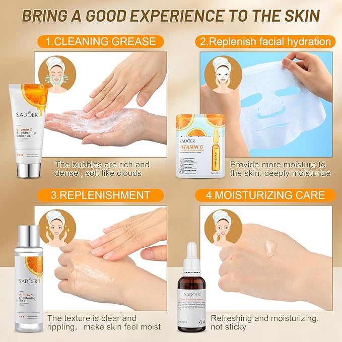 10 Pcs Skin Care Sets Face Care Set for Women Includes 1 Pcs Cleanser, Toner, Lotion, Eye Cream, Serum, Face Cream, Lip Balm and 3 Facial Masks Skincare Gift for Girls (Vitamin C)