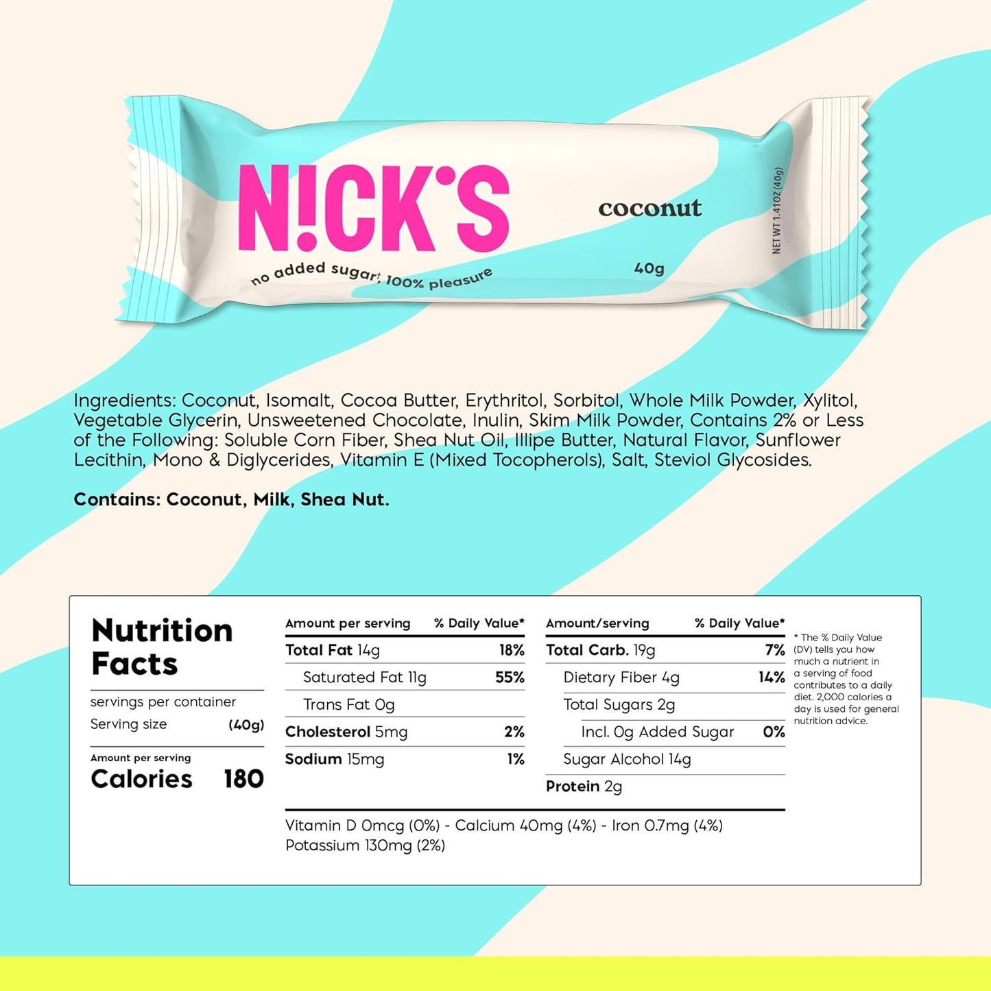 NICK'S Keto Chocolate Candy Bars – Coconut, No Added Sugar, Low Carb Snack with 3g Net Carbs, 180 Calories, Gluten-Free Sweets – 15-Pack (40g Each)