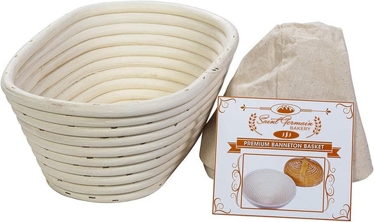 Saint Germain Bakery Premium Round Bread Banneton Basket with Liner - Perfect Brotform Proofing Basket for Making Beautiful Bread (10 inch Oval)