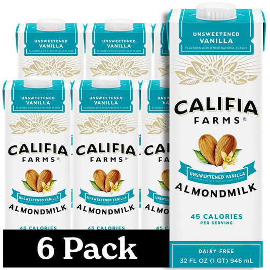 Califia Farms - Unsweetened Vanilla Almond Milk, 32 Oz (Pack of 6), Dairy Free, Vegan, Plant Based, Keto, Shelf Stable, Vegan, Gluten Free, Non GMO, Sugar Free, High Calcium, Smoothie