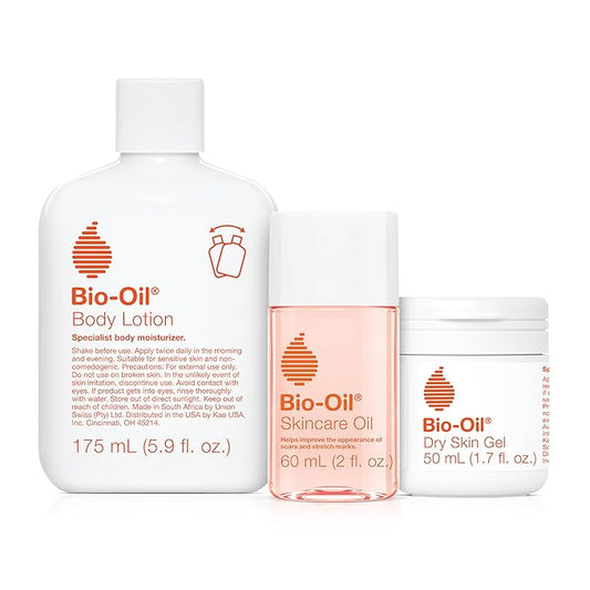 Bio-Oil Skincare Set, Trial Kit for Scars, Stretchmarks, and Dry Skin, 3 Pc Travel Size Kit Includes Skin Care Oil, Dry Skin Gel, and Body Lotion, use for Scars, Pregnancy Stretch Marks, and Dry Skin