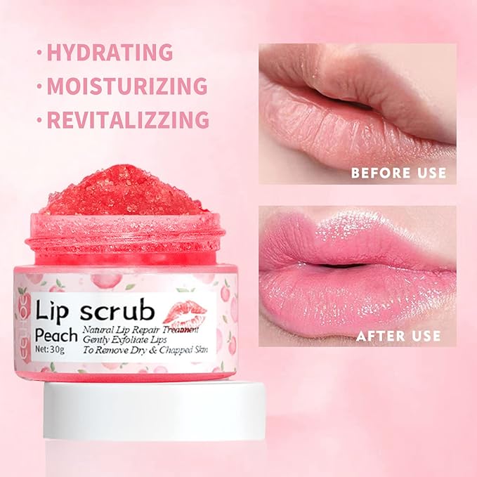 Lip Scrub, Lip Scrubs Exfoliator & Moisturizer,Lip Scrub for Dark Lips,Natural Sugar Lip Scrub with Lip Brush,Repair Cracked Lips,Chapped Lips (Peach)