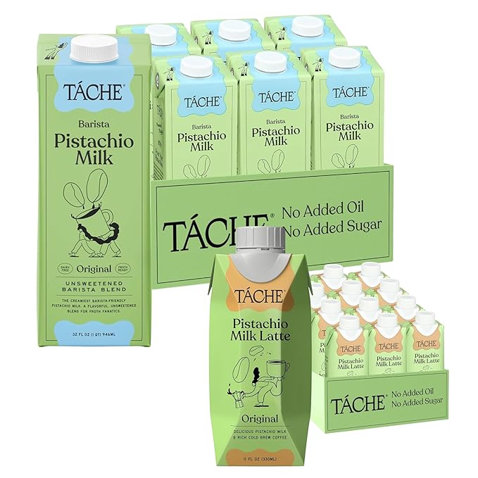 Táche Unsweetened Pistachio Milk and Ready-to-Drink Pistachio Coffee Latte Bundle, 32 oz Milk 6-Pack and 11 oz Latte 12-Pack
