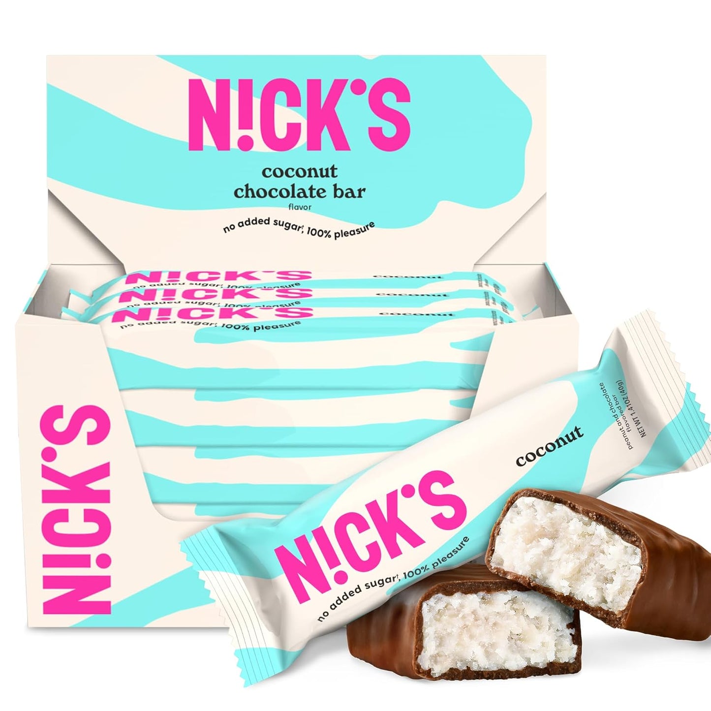 NICK'S Keto Chocolate Candy Bars – Coconut, No Added Sugar, Low Carb Snack with 3g Net Carbs, 180 Calories, Gluten-Free Sweets – 15-Pack (40g Each)