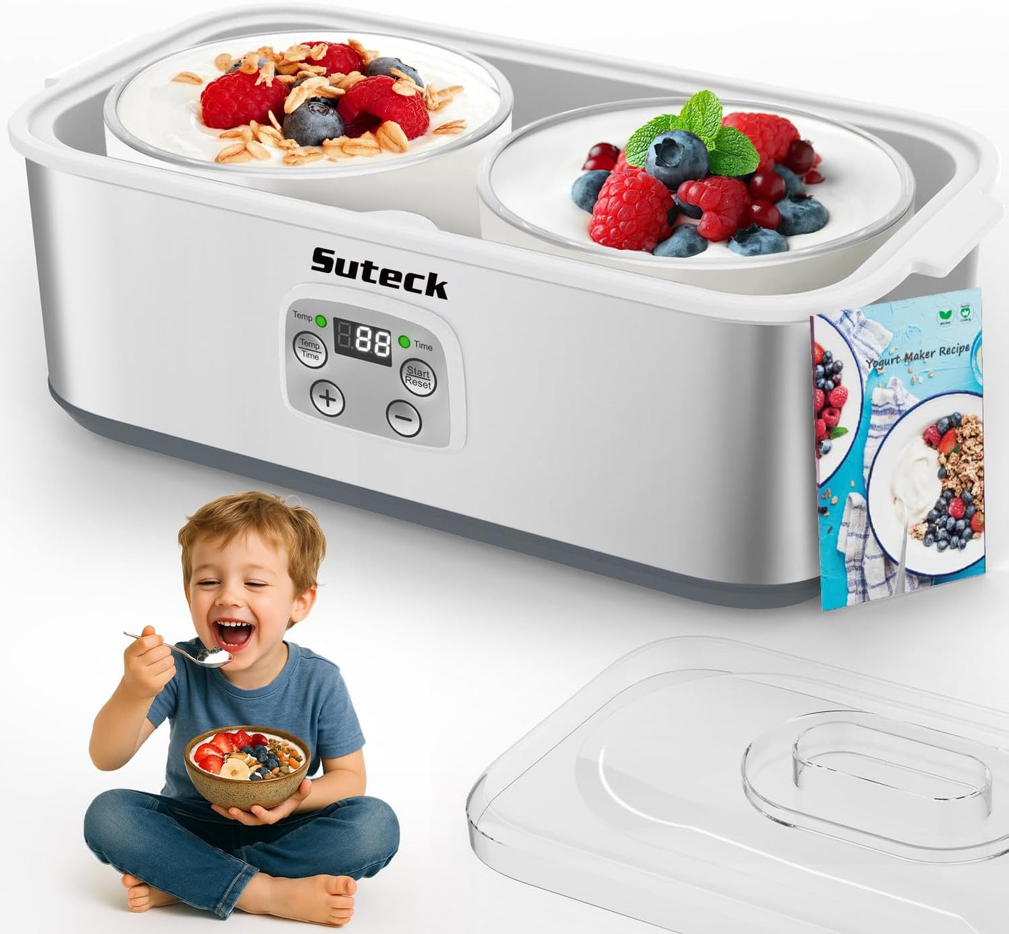 Suteck Yogurt Maker - Stainless Steel Yogurt Makers with Adjustable Time & Temp Control，Automatic Shut-Off & Constant Temper for Homemade Greek, Probiotic Yogurt, BPA-Free 2 Yogurt Bowls (2 Quart)