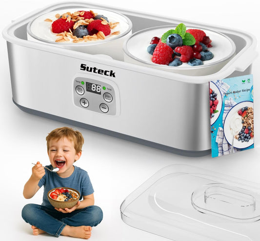 Suteck Yogurt Maker - Stainless Steel Yogurt Makers with Adjustable Time & Temp Control，Automatic Shut-Off & Constant Temper for Homemade Greek, Probiotic Yogurt, BPA-Free 2 Yogurt Bowls (2 Quart)