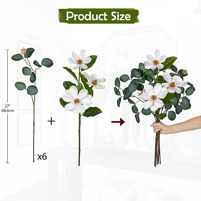 Briful Artificial Eucalyptus Stems 27in Faux Greenery Branches with Magnolia Flowers Spray Mixed Floral Greenery Bouquet for Home Vase Table Centerpiece Wedding Decoration