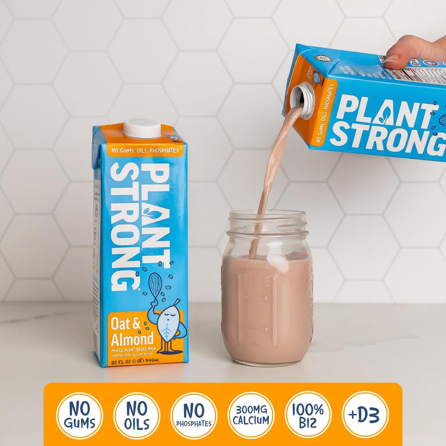 PLANTSTRONG Oat & Almond Milk 32oz (6 Pack) - NON-GMO - Plant Based, Vegan - Gluten Free Dairy Free - Shelf Stable - Lactose Free Milk - No Gums or Oils