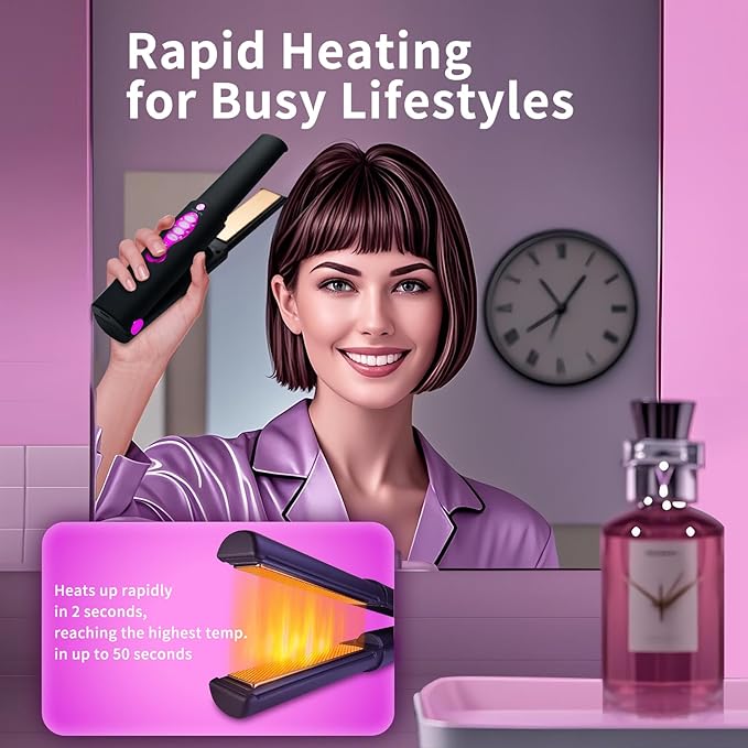 Travel Small Hair Straightener and Curler 2 in 1 for Short Hair, Cordless Titanium Flat Iron, Portable, USB-C Rechargeable, Fast Heating, Dual Voltage, 5000mAh Battery, 3 Temp Settings (Decent Black)