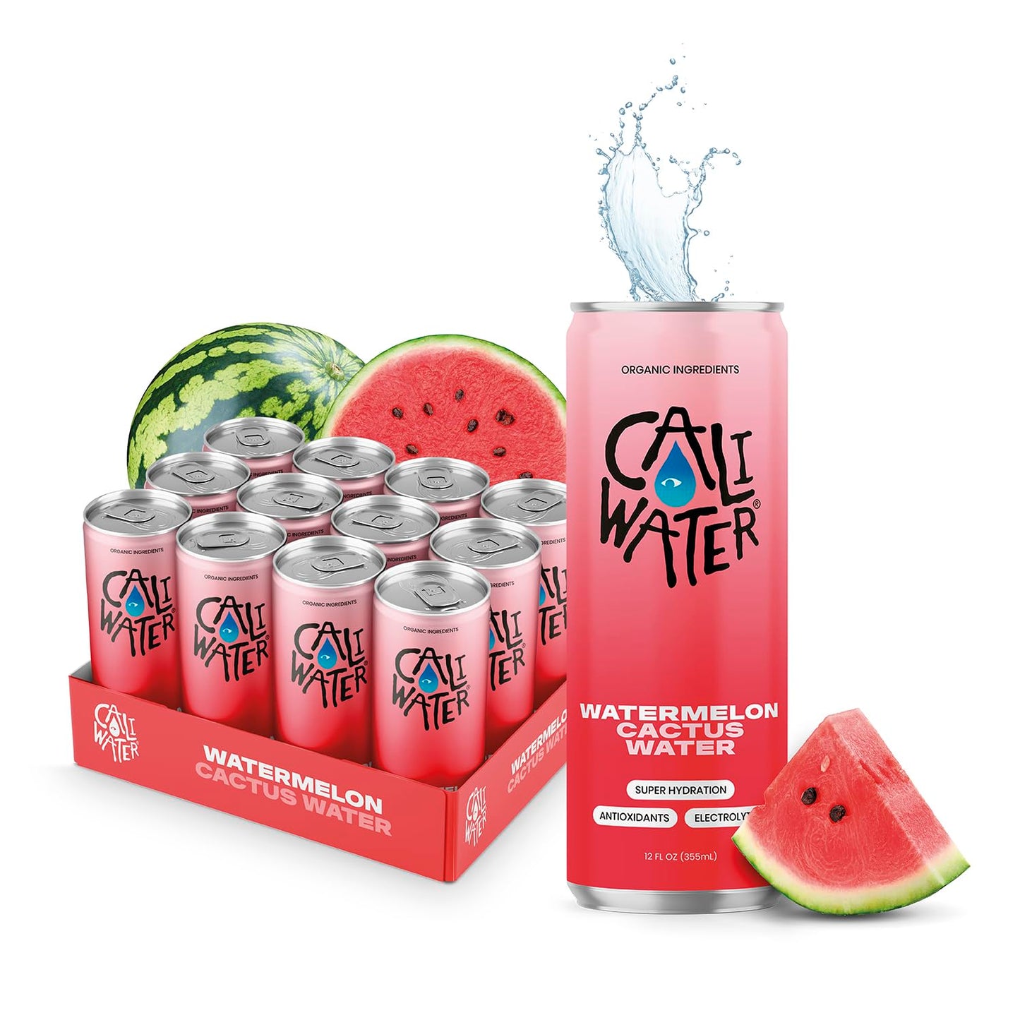 Caliwater - Organic Cactus Water - Watermelon - 5g Sugar, 35 Calories - Half Sugar of Coconut Water - Natural Plant Based Hydration - Skin Care, Electrolyte Drinks - Flavored Water Beverages - 12 Cans