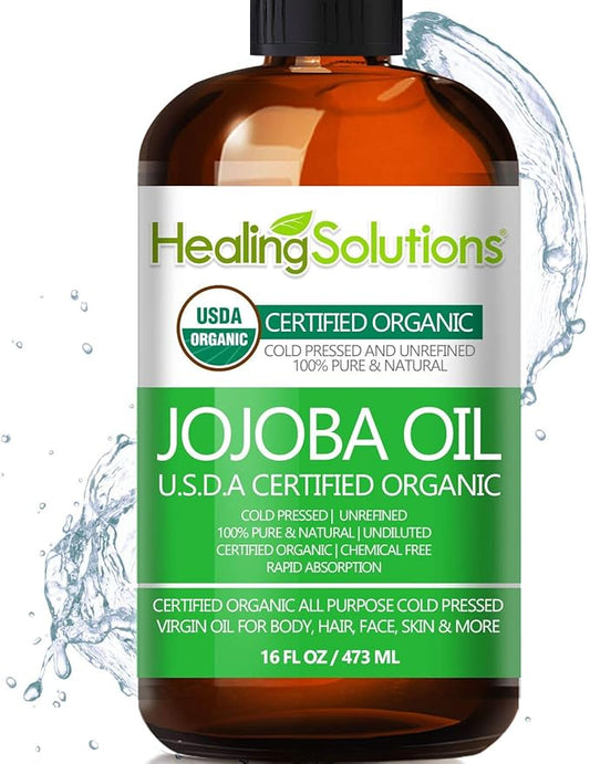 Healing Solutions Oils Organic Jojoba Oil 16 oz Pure Cold Pressed 100% Natural Serum for Hair, Skin, Face, Body, Scalp, Cuticle & Nail, Unrefined Moisturizing & Acne Fighter Treatment 473 ml
