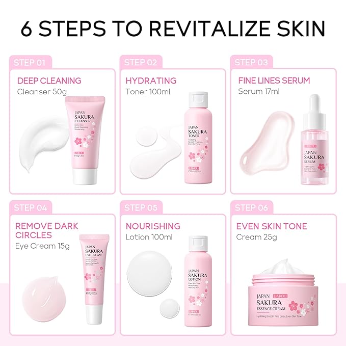 Skin Care Set JAPAN SAKURA Women Beauty Gift Sets Skin Care Kit with Cleanser, Toner, Lotion, Serum, Eye Cream, Face Cream Travel Kit for Women Teen Girls Mom Daughter TSA-friendly Sizes 6pcs