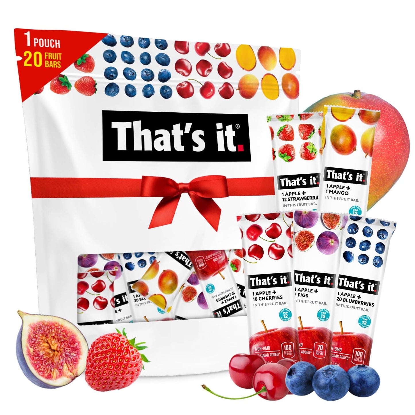 That's it. Fruit Bars Snack 20 Pack - 100% All Natural Gluten-Free Vegan Low Carb Snacks - Healthy Fruit Snacks Variety Pack Strawberry, Mango, Blueberry, Cherry, Fig Bars