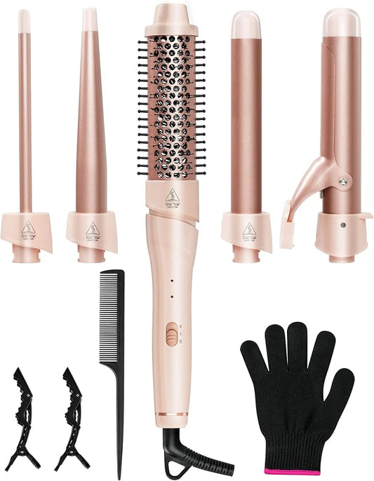 ANIEKIN 5 in 1 Curling Iron Set, Fast Heat Up Curling Wand from 3/8 to 1 1/4 Inch and a Thermal Brush Come with, Dual Voltage Hair Curler for Women All Hair Types and Travel Use, Gifts for Women,Pink