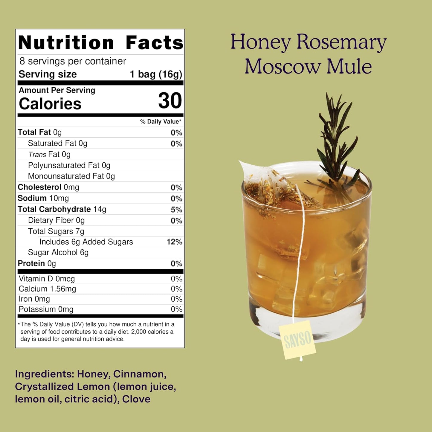 SAYSO Honey Rosemary Moscow Mule | The Original Craft Cocktail Tea Bag Mixer (Steep in Vodka & Cold Water, Enjoy in 1 Min) or Skip the Spirit for Mocktail | Organic, Certified Gluten-free & Non-GMO, 8 Count