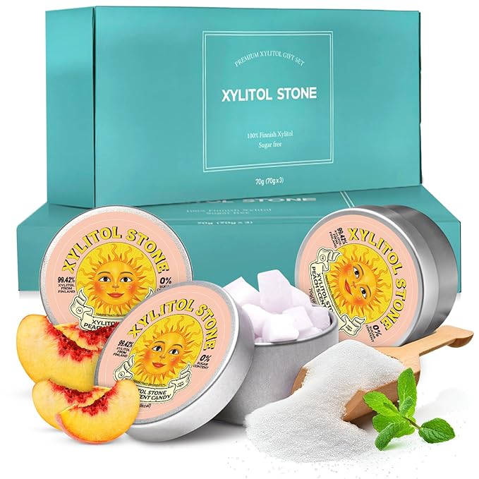 Xylitol Stone Sugar Free Candy - Vegan & Keto Friendly Unique Hard Candy Sugar-Free - 100% Natural Flavor Candies - Gluten Free & Non-GMO Breath Freshener Low Calorie Mints - Peach (Pack of 3)