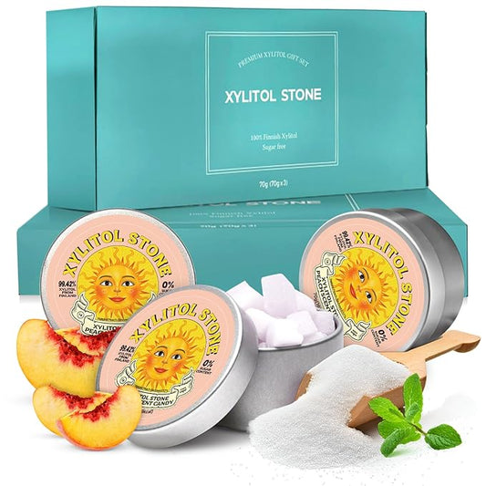 Xylitol Stone Sugar Free Candy - Vegan & Keto Friendly Unique Hard Candy Sugar-Free - 100% Natural Flavor Candies - Gluten Free & Non-GMO Breath Freshener Low Calorie Mints - Peach (Pack of 3)