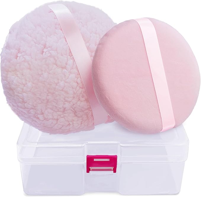 2pcs Powder Puffs, 6'' Body Powder Puff and 5'' Dusting Powder Puff and Container, Extra Large, Fluffy Soft, Washable, Reusable