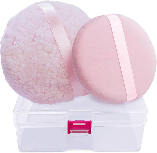 2pcs Powder Puffs, 6'' Body Powder Puff and 5'' Dusting Powder Puff and Container, Extra Large, Fluffy Soft, Washable, Reusable