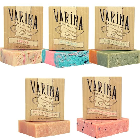 Varina Natural Carnival Variety Bar Soap - Gentle Cleansing for Sensitive Skin, Sweet and Vanilla - 5 Pack