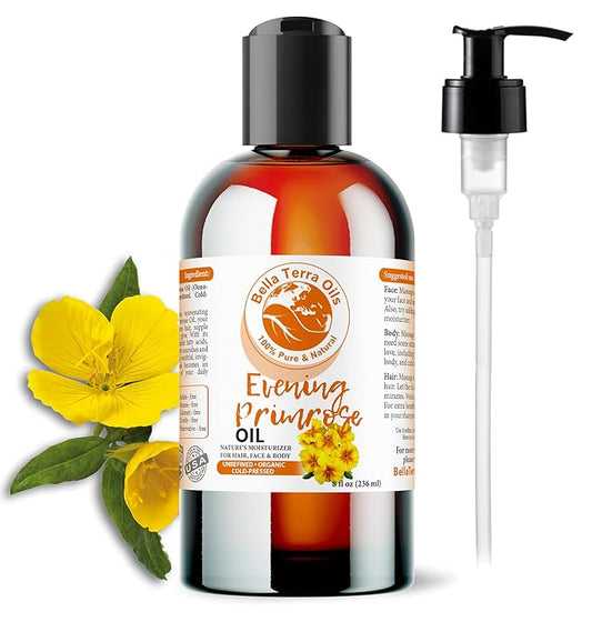 Bella Terra Oils - Organic Evening Primrose Oil 8 oz - Pure Primrose Extract, Enriched with GLA & Antioxidants, Perfect for Skin & Hair Nourishment