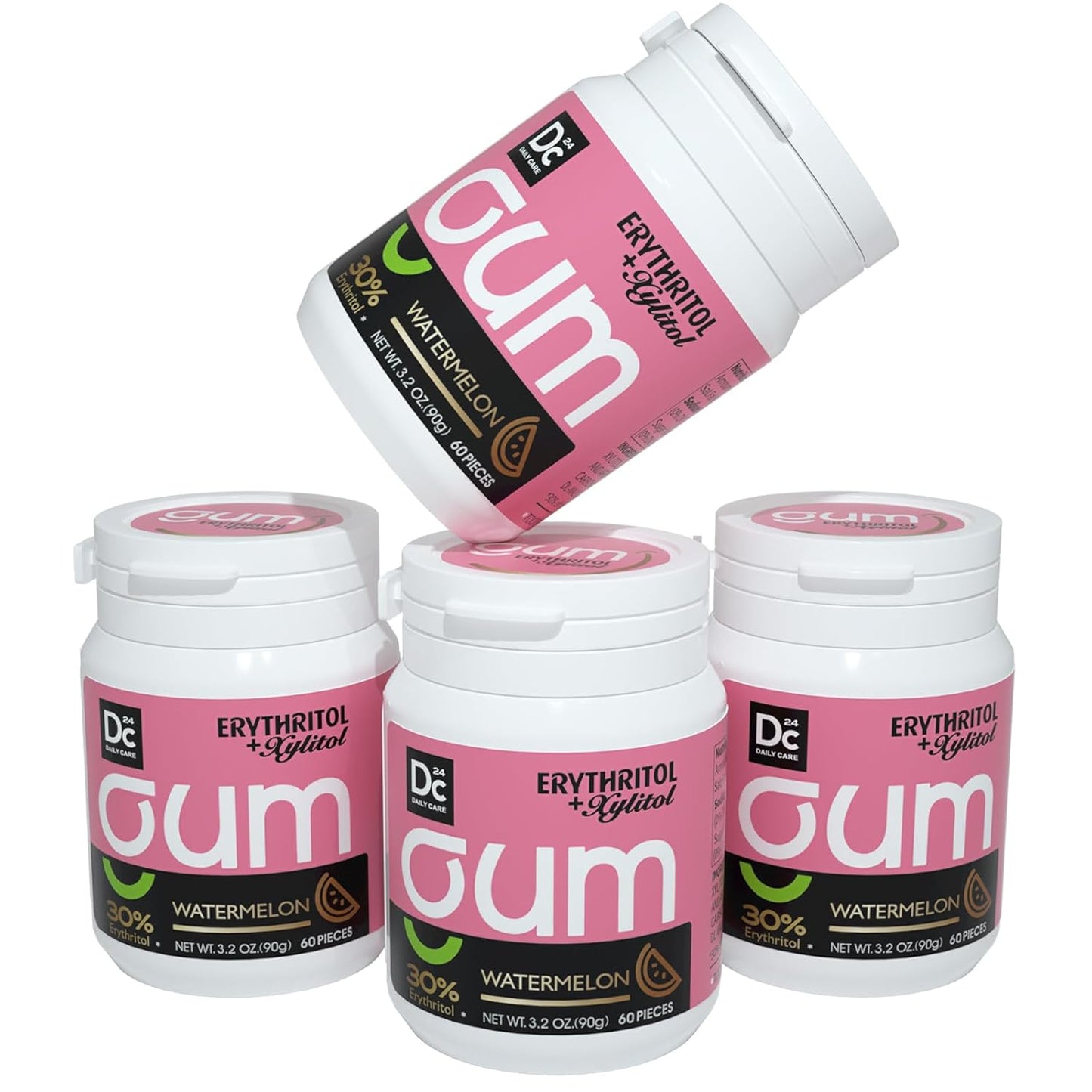 DC24 DAILY CARE Xylitol Chewing Gum with Erythritol, Aspartame Free & Sugar Free Gum for Dry Mouth, Low-Calorie, Sugarless, Watermelon, 60-Piece Pack, 4 Packs