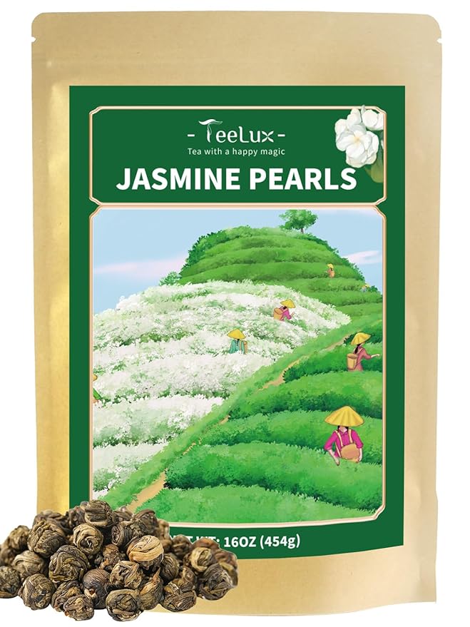 TeeLux Jasmine Pearls Green Tea, Handrolled Green Tea Loose Leaf with Delightful Aroma, Natural Jasmine Pearl Tea, 16oz