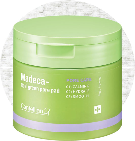 Centellian 24 Madeca Real Green Pore Pad (5.74fl oz / 60 pcs) - Exfoliating & Soothing Dual-Sided Toner Pads for Sensitive Skin, Pore Care, Korean Skin Care. Centella Asiatica, PHA & LHA