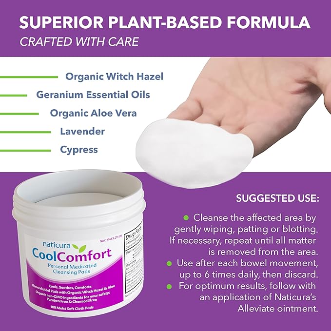 CoolComfort Personal Cleansing Pads with Organic Witch Hazel and Aloe Vera - All-Natural and Fast Acting Wipes for Hemorrhoid Burning, Itching, Pain and Swelling - 100 Pads - No Parabens