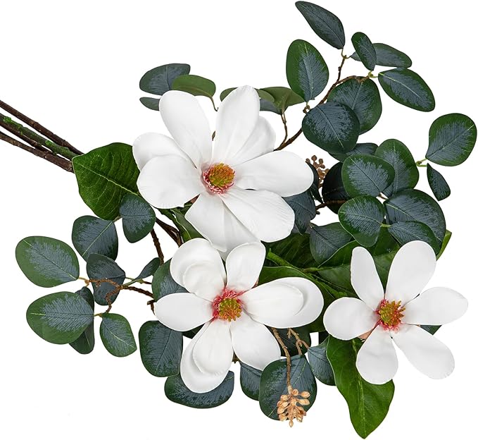 Briful Artificial Eucalyptus Stems 27in Faux Greenery Branches with Magnolia Flowers Spray Mixed Floral Greenery Bouquet for Home Vase Table Centerpiece Wedding Decoration