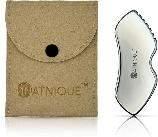 Stainless Steel Gua Sha Tool – Metal Face & Body Massage Scraper for Lymphatic Drainage, Puffiness, Wrinkles, Dark Circles & Anti-Aging – Board Shape with Travel Pouch