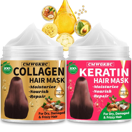 2 Pack Collagen Hair Mask & Keratin Hair Mask,Keratin Hair Treatment,Hydrating Argan Oil Hair Repair Treatment Deep Conditioner Hair Mask for Dry Hair,Collagen with Biotin Hair Treatment Mask