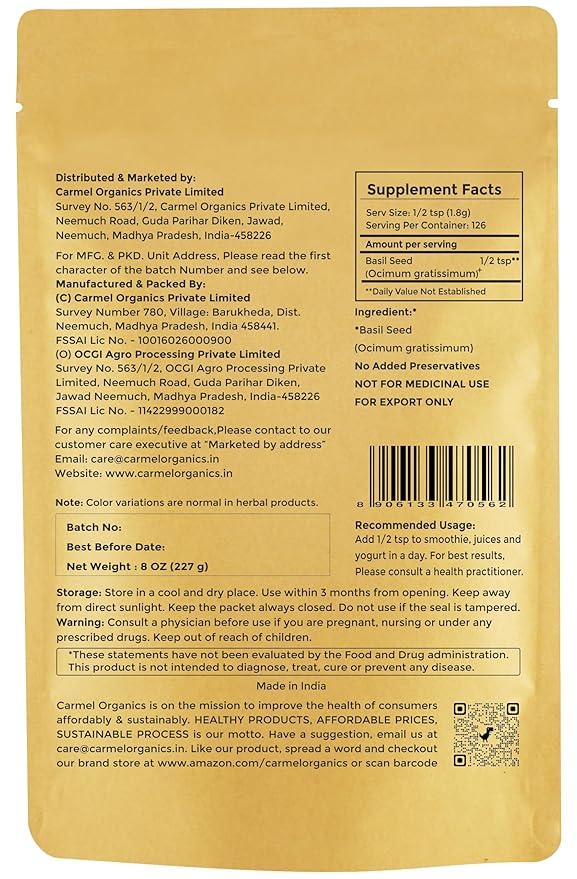 Edible Basil Seeds. | 8 Ounce or 0.5 Lb/227 grams | Tukmaria Sabja Seeds| Rich in Fibers | Add to Smoothies | Non GMO | Keto + non Gluten | Natural | By Carmel Organics