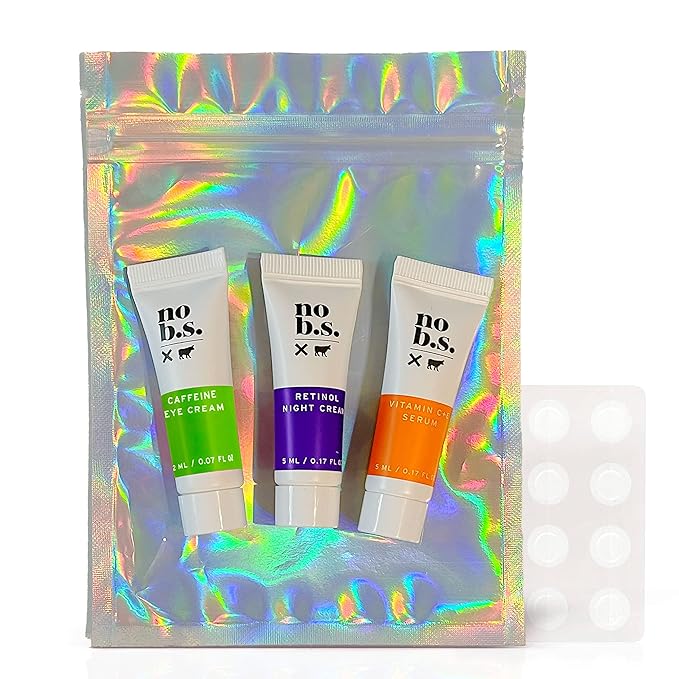 No B.S. (No Bad Stuff) Skincare Minis Kit, Vitamin C & E Serum with Hyaluronic Acid, Retinol Night Cream, Caffeine Eye Cream & Invisible, Waterproof Acne Patches, 4 Product Trial Size