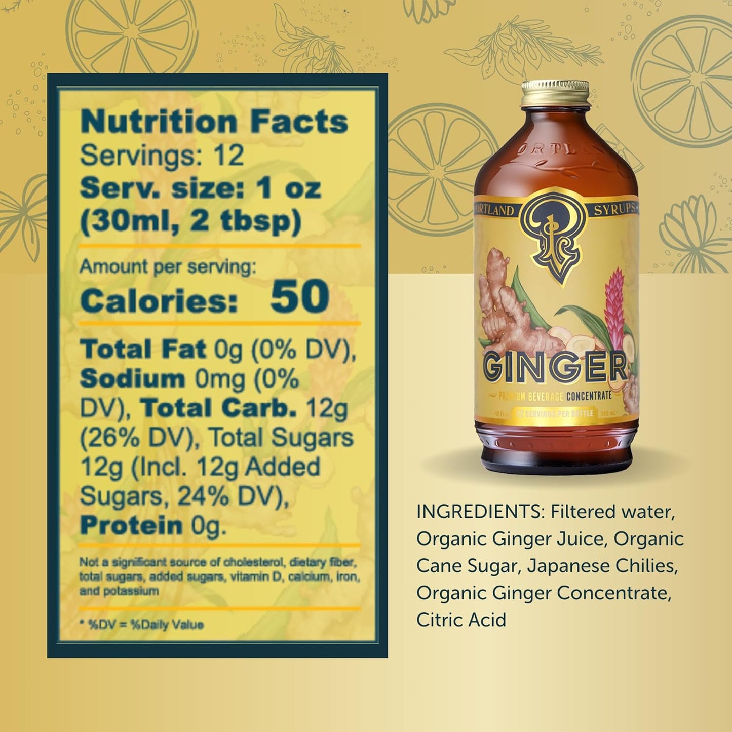 Portland Syrups Authentic Ginger Syrup - Intense Ginger Flavor with Slightly Hot Finish - Beverage Concentrate for Mocktails, Cocktails, Lattes, & Baking - 12 oz Bottle, 24 Servings (Pack of 2)