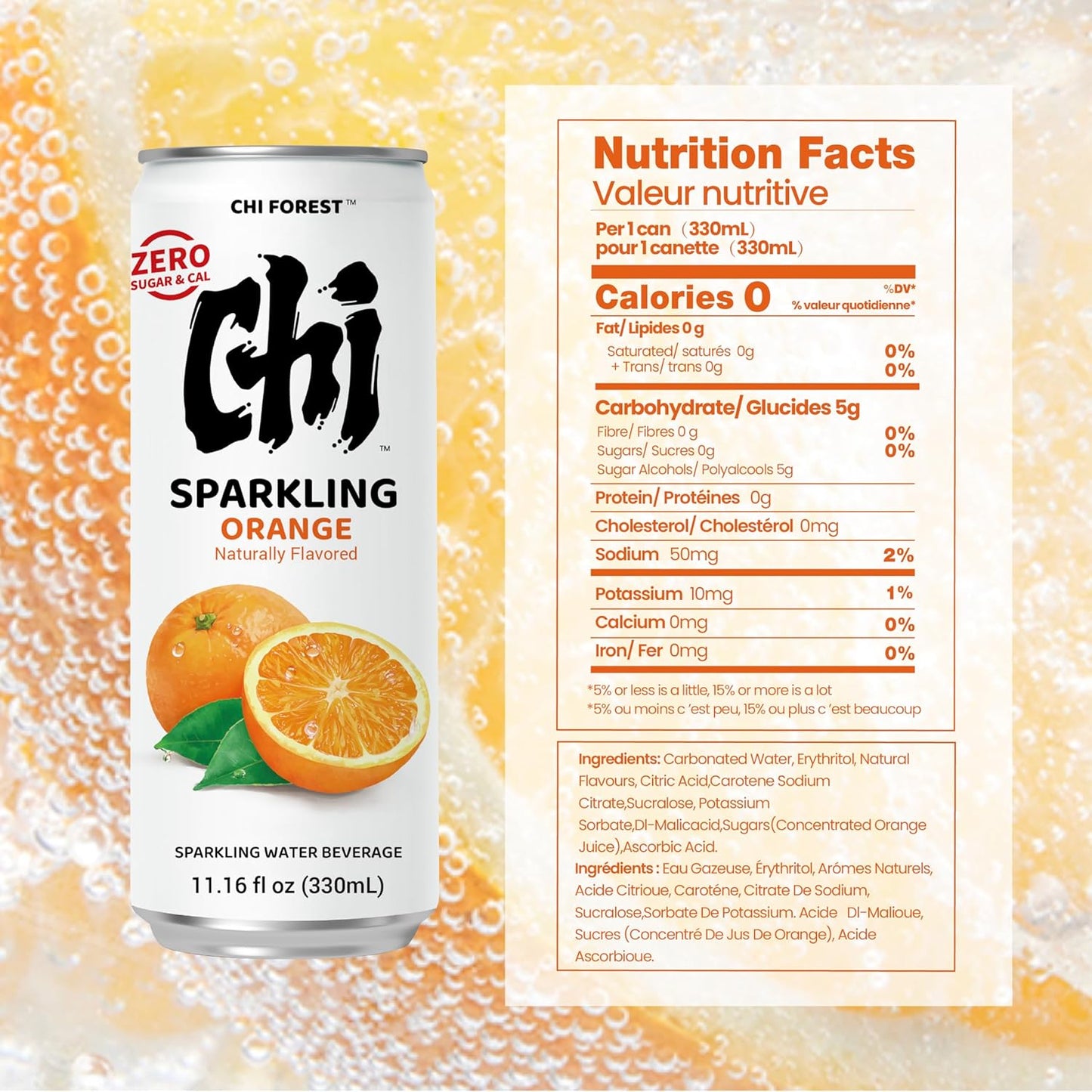 CHI FOREST Orange sparkling water, 0 Sugar 0 Carolies, 11.15 oz* 24 cans