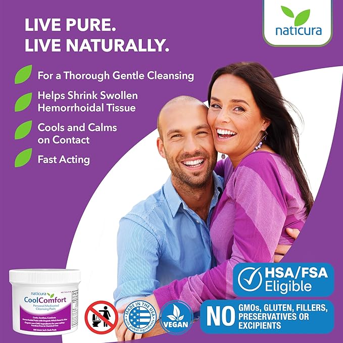 CoolComfort Personal Cleansing Pads with Organic Witch Hazel and Aloe Vera - All-Natural and Fast Acting Wipes for Hemorrhoid Burning, Itching, Pain and Swelling - 100 Pads - No Parabens - 2 Pack