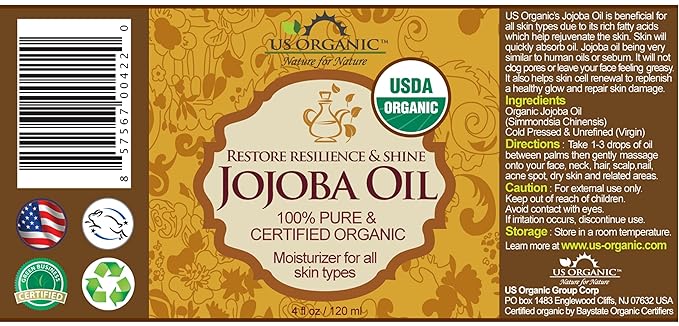US Organic Jojoba Oil, USDA Certified Organic,100% Pure & Natural, Cold Pressed Virgin, Unrefined, Haxane Free, Sourced from Middle East Directly (Medium (4oz, 115ml))