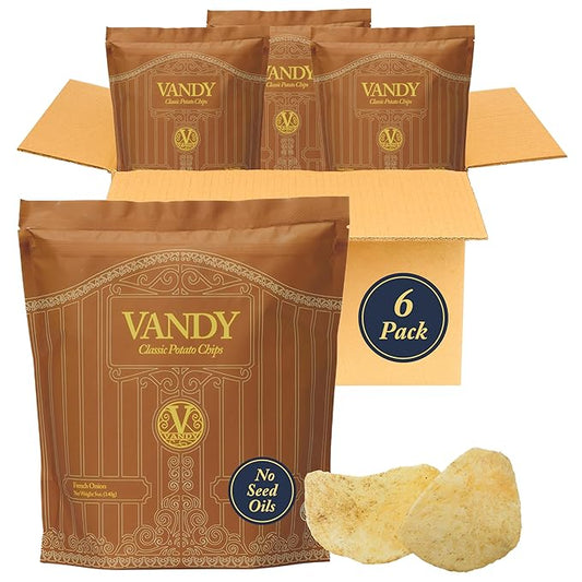 Vandy Crisps Potato Chips - Seed Oil Free Snacks - Gluten Free Potato Chip - Made with Potatoes, Grass-Fed Beef Tallow, Sea Salt, & French Onion Blend - 6 Pack, 5 Ounce Each (French Onion)