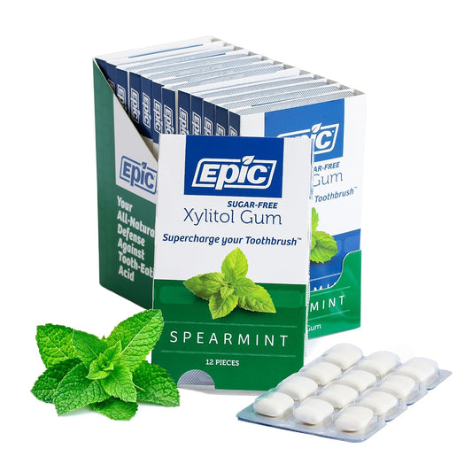 Epic 100% Xylitol Spearmint Chewing Gum - Sugar Free, Aspartame Free Dental Gum - Supports Oral Health & Fresh Breath - 12 Pieces (Pack of 12)