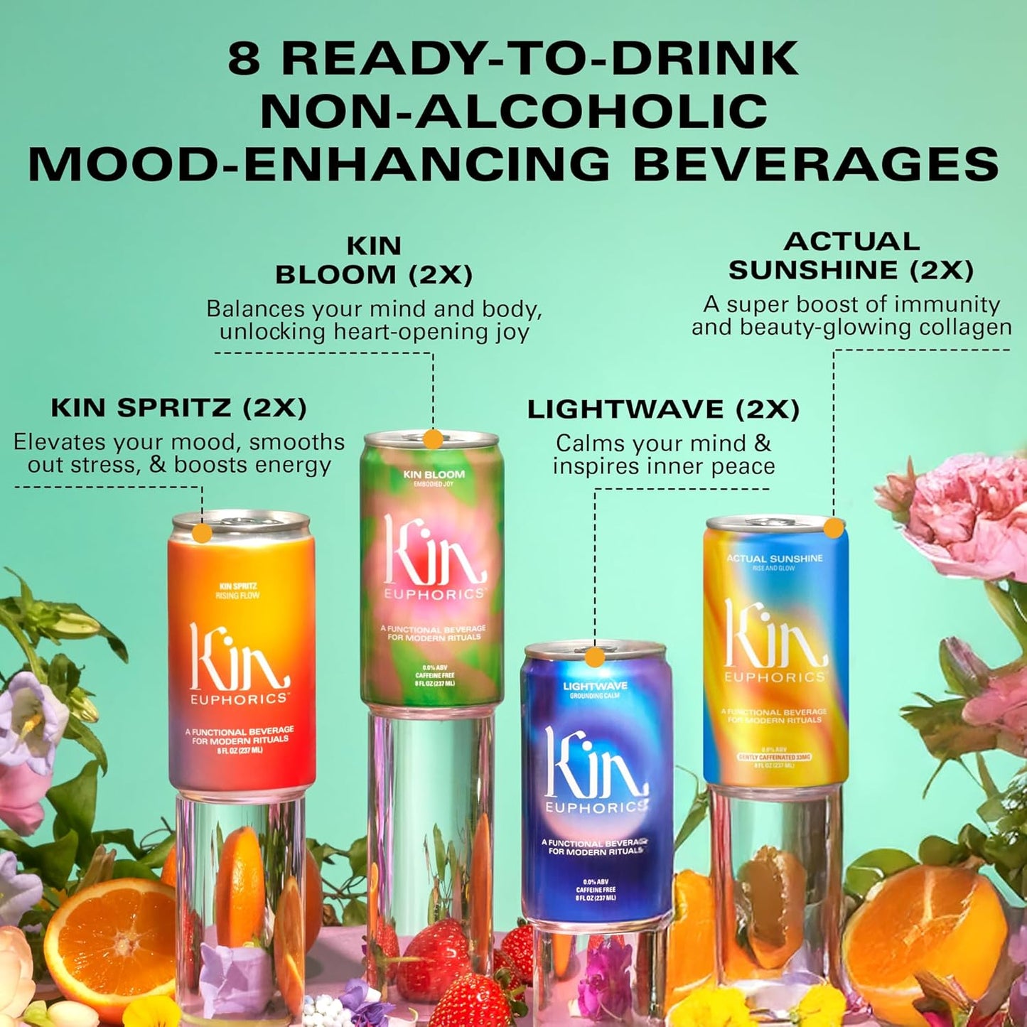 Kin Euphorics Variety 8 Pack with 2 Spritz, 2 Lightwave, 2 Bloom, and 2 Actual Sunshine by Kin Euphorics, Non Alcoholic Spirits, Ready to Drink, Awaken The Mind, Calm Your Mood, 8 Fl Oz (8pk)