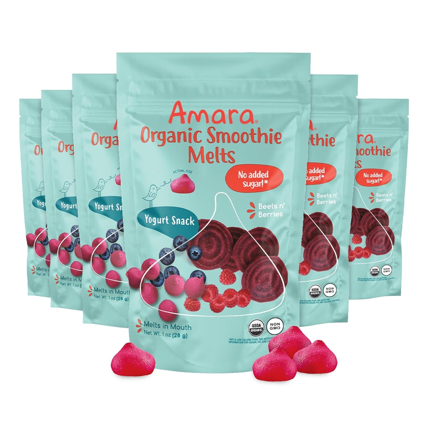 Amara Smoothie Melts - Beets n' Berries - Baby Snacks Made With Fruits and Vegetables - Healthy Toddler Snacks For Your Kids Lunch Box - Organic Yogurt Melts - 6 Resealable Bags