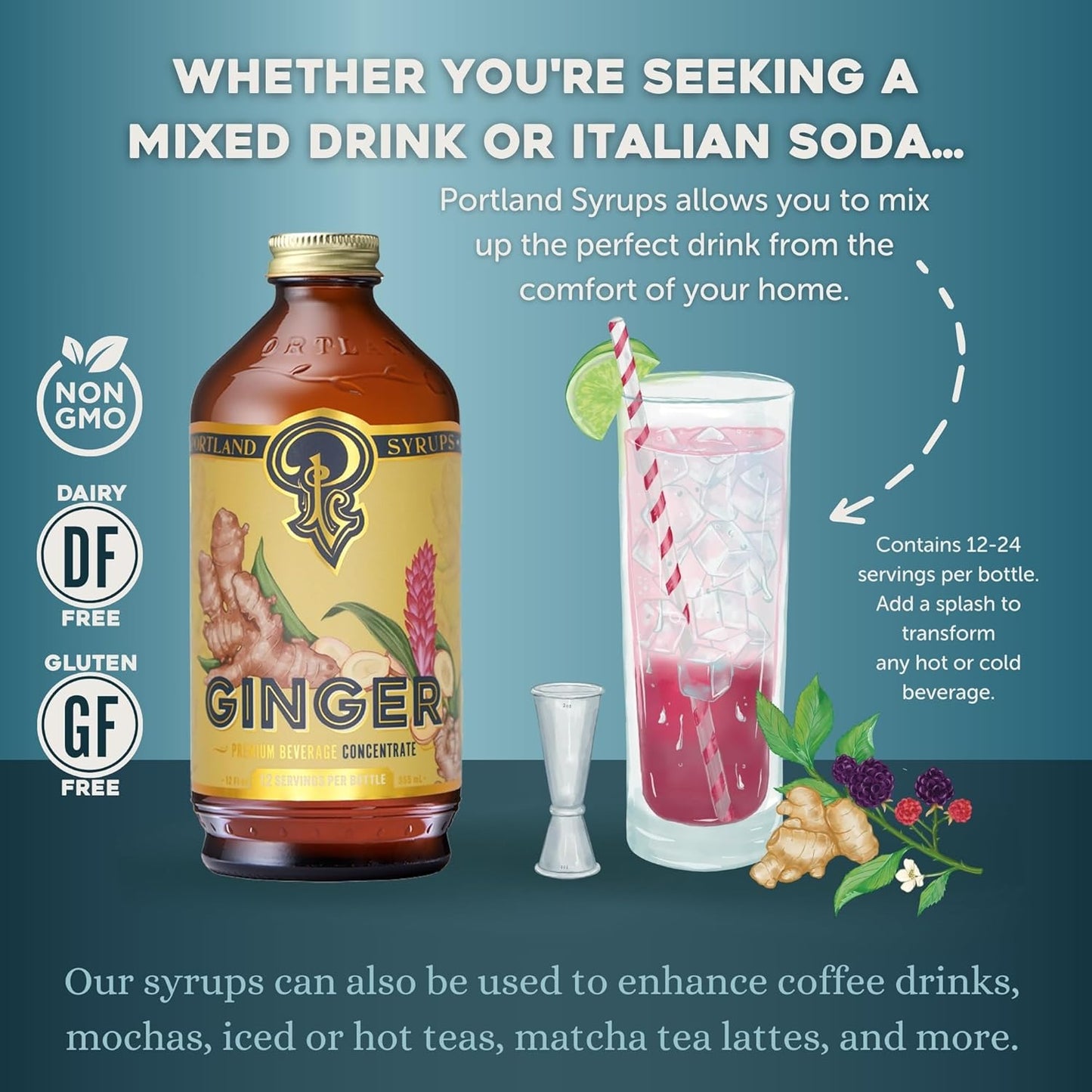 Portland Syrups Authentic Ginger Syrup - Intense Ginger Flavor with Slightly Hot Finish - Beverage Concentrate for Mocktails, Cocktails, Lattes, & Baking - 12 oz Bottle, 24 Servings (Pack of 2)
