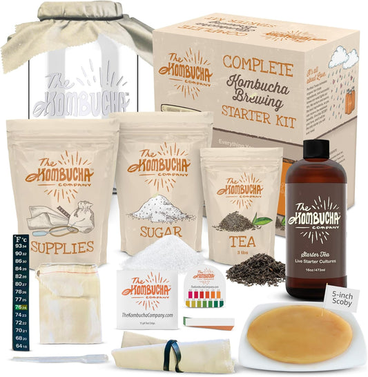 Kombucha Home Brewing Starter Kit | 5-Inch Large Scoby Kombucha Starter Kit | Complete Kit Includes What You Need w/ 16 oz Starter Tea, Brewing Jar & Brewing Supplies | Brew Unlimited Kombucha