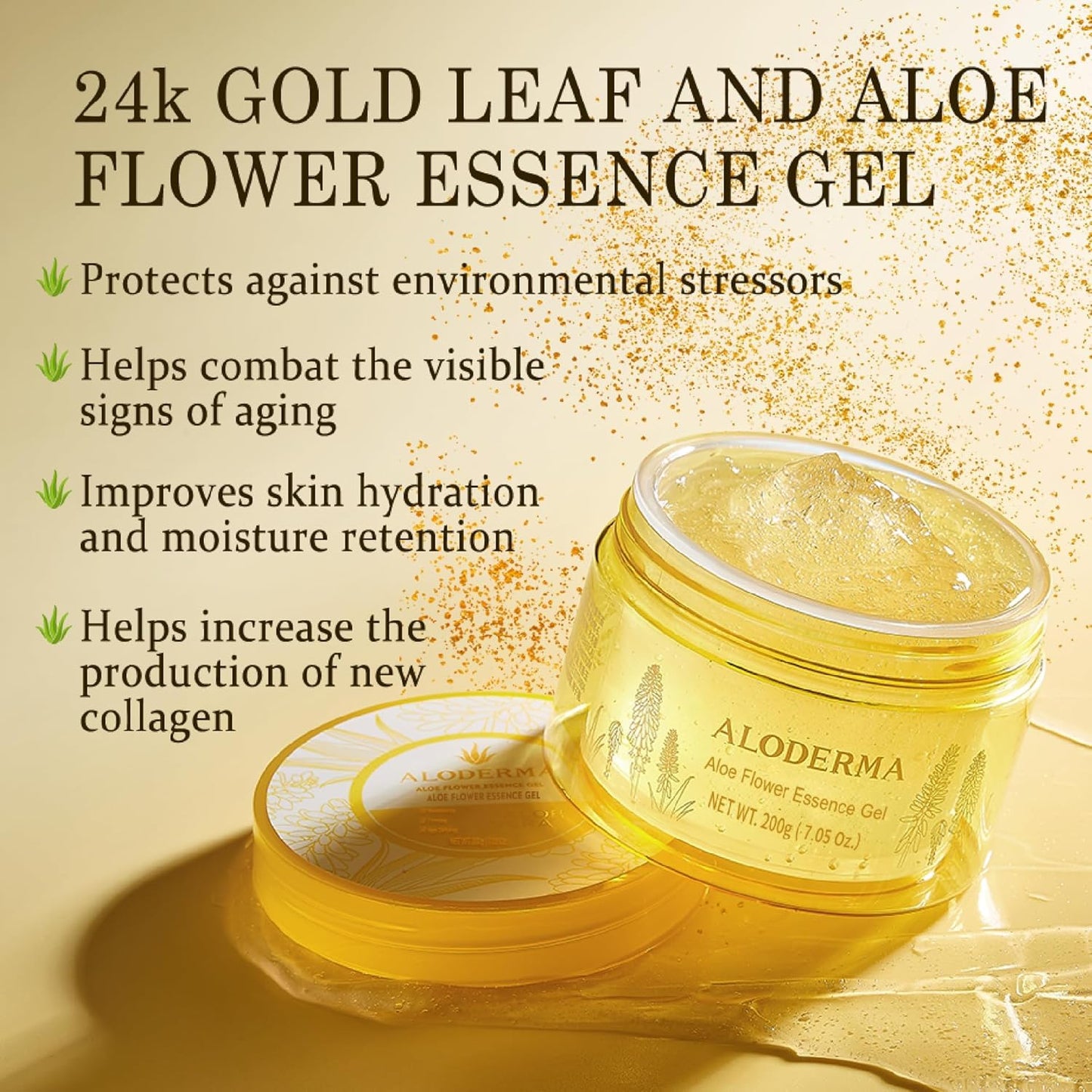 Aloderma Age-Defying Aloe Flower Essence Gel with 24K Gold Leaf, Made within 12 Hours of Harvest - Luxurious Aloe Gel with Allantoin & Hyaluronic Acid for a Shimmering, Youthful Complexion, 7oz 3-Pack